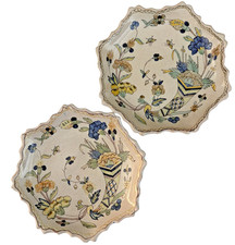 2 Antique French Faience Earthenware Plates Rouen Crackle Glaze Scalloped Edge picture