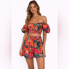 NWT Luxxel Top & Shorts Set Vibrant Floral Puff-Sleeve Top- Pink Multi picture