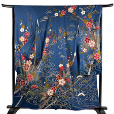 Vintage Japanese Silk Furisode Kimono – Indigo Pine Bamboo Plum picture