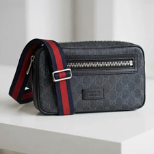 Gucci GG Monogram Gray Crossbody Waist Bag Zip Adjustable Red/Blue Strap picture