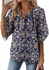 Womens Boho Floral Blouse 3/4 Sleeve V Neck Casual Loose Fit Tunic Shirts Tops picture