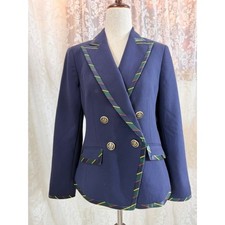Talbots Petite Navy Blue Double Breasted Blazer Striped Trim Gold Buttons 2P picture