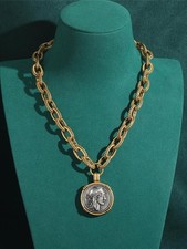 Vintage Queen Portrait Antique Coin Pendant Gold Necklace Retro Designer Jewel picture