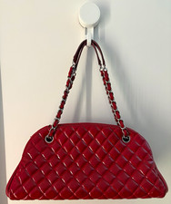 CHANEL Red Patent Quilted Shoulder Bag Silver Chain Strap Zip Lined Pockets picture