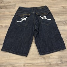 2000s Rocawear Dark Wash Baggy Jean Shorts 36 Wide Leg Skater Hip Pop Vtg Y2K  picture