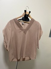 Womens Blush Dusty Rose Crochet Trim V Neck Dolman Sleeve Boxy Blouse Lace picture