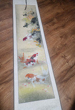 Chinese Handmade Scroll Painting Koi Fish Chrysanthemums picture