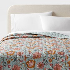 King Earthy Vines Quilt Light Teal Blue/Mustard Yellow/Light Pink Floral picture