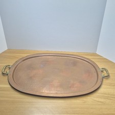 Vintage Large Oval Copper Serving Tray Brass Handles Softly Worn Patina 19