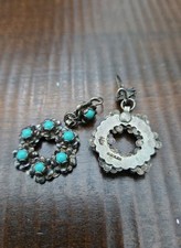 Vtg MEXICO Zuni-style Snake Eye Petit Point  Turquoise Cluster Earrings 1940-60s picture