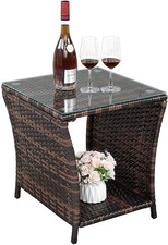 Wicker Rattan Side Table, Outdoor Square Rattan Coffee End Table with Tempered G picture