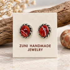 Zuni Red Spiny Oyster 925 Sterling Silver Stud Earrings Native American picture