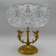Vintage Italian Baroque Revival Cut Crystal Compote Cherub Pedestal Bowl picture