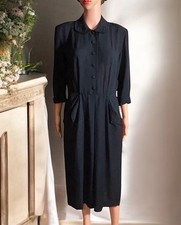 Vintage 1930s 40s Pin Up Dress Black Soutache Embroidered Button Up Rayon Crepe picture