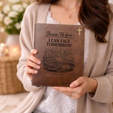 Personalized NIV Journaling Bible, Because He Lives Design, Custom Name Engraved picture