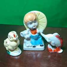 Vintage Japan 3 Small Ceramic Figurines Girl w/ Dog Duck Fish Multicolor 4 in picture