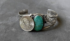 👑Vintage Navajo Sterling & Royston Turquoise Cuff Bracelet Feather 5.25”/7” 30g picture