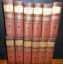 ANTIQUE BOOKS 12 VOLUMES WORKS OF CHARLES DICKENS c1890 STUNNING RED AND GOLD picture