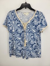 Weekend Suzanne Betro Top Womens Small Blue Paisley Lace Up Neck Boho Popover picture