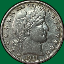 1911-S Barber Half Dollar Almost Uncirculated AU Coin, Cleaned #41939 picture