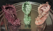 Vintage Victorian Style Shoe Ornaments Trio Fabric Lace Pearl Lot of 3 picture