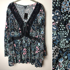 NEW Torrid Black Floral Babydoll Gauze Crochet Trim Lace-Up Top Plus Size 3X picture