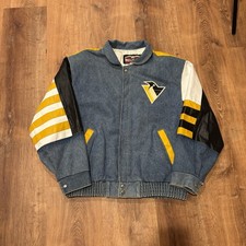 Vintage Jeff Hamilton Pittsburgh Penguins Leather Denim Jacket Mens Large 90s picture