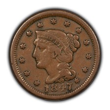1847 1c Braided Hair Large Cent - Chocolate Brown Fine/VF - SKU-Y5925 picture