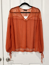 Zara Womens M Orange Sheer Lace Blouse Pleated Long Sleeve Tie Cuff Romantic NWT picture