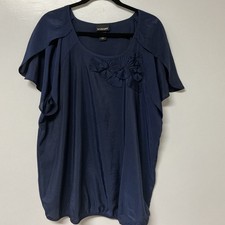 Lane Bryant Navy Blue Short Sleeve Flutter Raised Floral Blouse Womens  18/20 picture