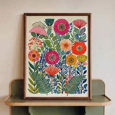Scandinavian Floral Folk Art Poster Retro Botanical Maximalist Garden Wall Print picture
