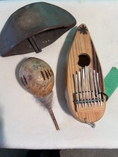 Vintage African Musical Instruments Set of 3 Calabash Thumb Piano Gourd Rattles picture