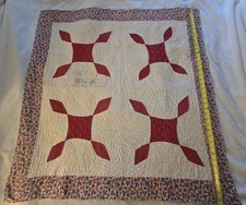 Vintage 1930s Turkey Tracks Crib Quilt 39x39 Red White Feedsack Hand Quilted picture