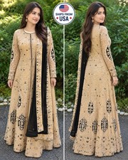 Gold Black Embroidered Anarkali Gown Indian Pakistani Party Wedding Dress 2XL picture