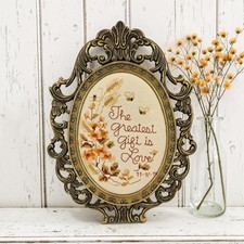 VTG Ornate Oval Gold Framed Cross Stitch Wall Hanging Bees Greatest Gift Is Love picture
