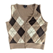 TALBOTS Brown/Cream ARGYLE SWEATER VEST Italian Merino Wool Cardigan PL L-P LP picture