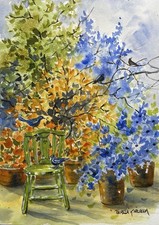 8”x12” Original Pamela Wilhelm Ink & Watercolor Green Chair Garden Tree Floral picture