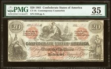 CT-19 $20 1861 Confederate States Civil War, Contemporary Counterfeit Note, PMG picture