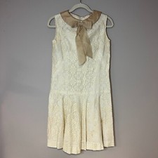 VTG Lace Overlay Peter Pan Bow Neck Dress Drop Waist Ivory Cream 20s 30s 40s M? picture