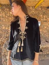 Women's Black Velvet Moroccan Tuinic Top 3/4 Sleeve Handmade Traditional Style picture