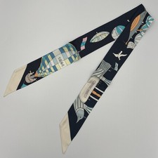 Hermès Twilly Les Folies du Ciel Silk Scarf Navy Black Cream Balloon Scarf  picture