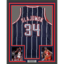 Framed Autographed/Signed Hakeem Olajuwon 35x39 Houston Blue Jersey JSA COA picture