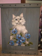 Vintage Hand-Painted Wooden Cat Wall Plaque — Signed, Folk Art picture