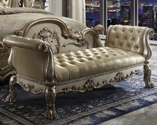 Luxury Gold Bronze Bench Traditional Victorian Style Tufted Patina Bone Leather picture