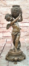 Signed Moreau Bronze Vintage Cherub Holding Vase Sculpture Figurine Artwork picture
