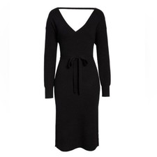 Chelsea28 Belted Long Sleeve V-Neck V-Back Sweater Dress in Black Sz XS NWT picture