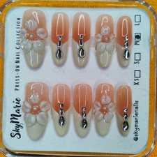 Handmade Peach Ombre French Tip Press-On Nails with 3D Flowers, Pearl & Dangle picture
