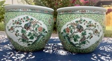 Antique 19th Century Pair of Chinese Canton Famille Verte Jardinieres Bowl Lot picture
