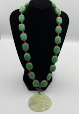 Vtg Chinese Carved Celadon Jade Phoenix Pendant Necklace Nugget Beads picture