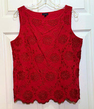 Talbots Womens M NWT Red Floral Applique Embroidered Sleeveless Scallop Hem Top picture